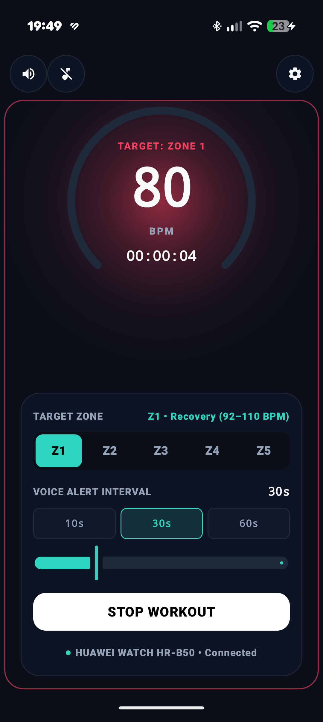 Active Workout Alert (Out of Zone) Screen