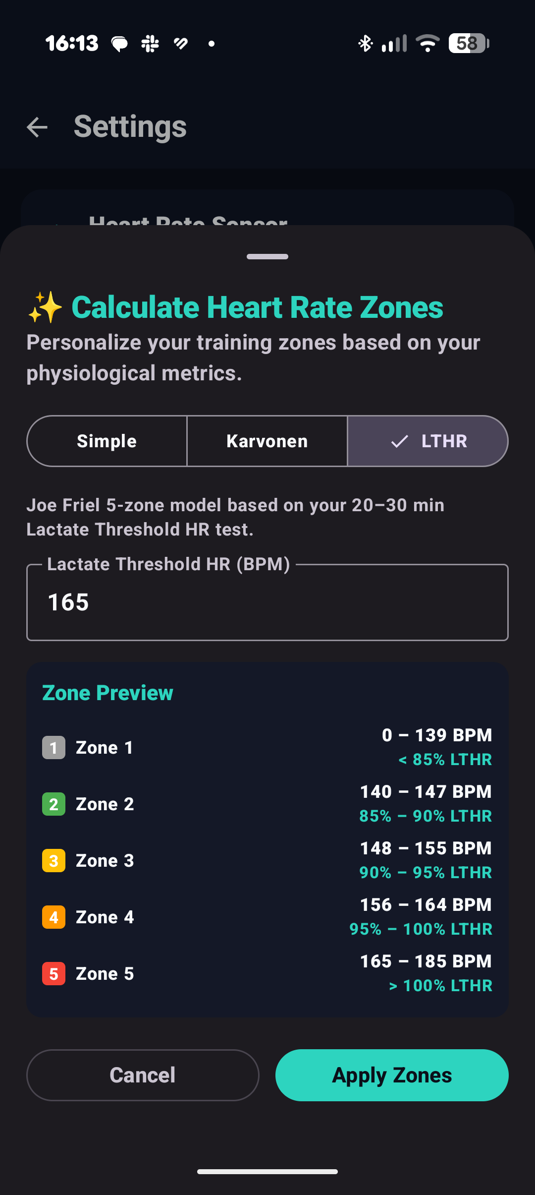 Physiological Zone Calculation Methods Screen