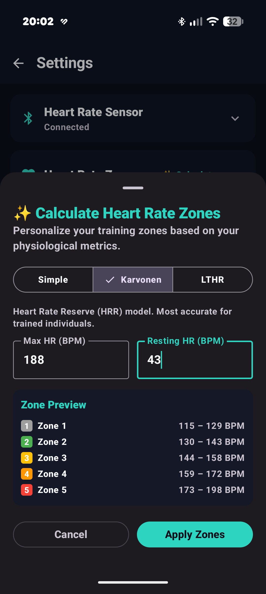 Karvonen HRR Zone Calculator Screen