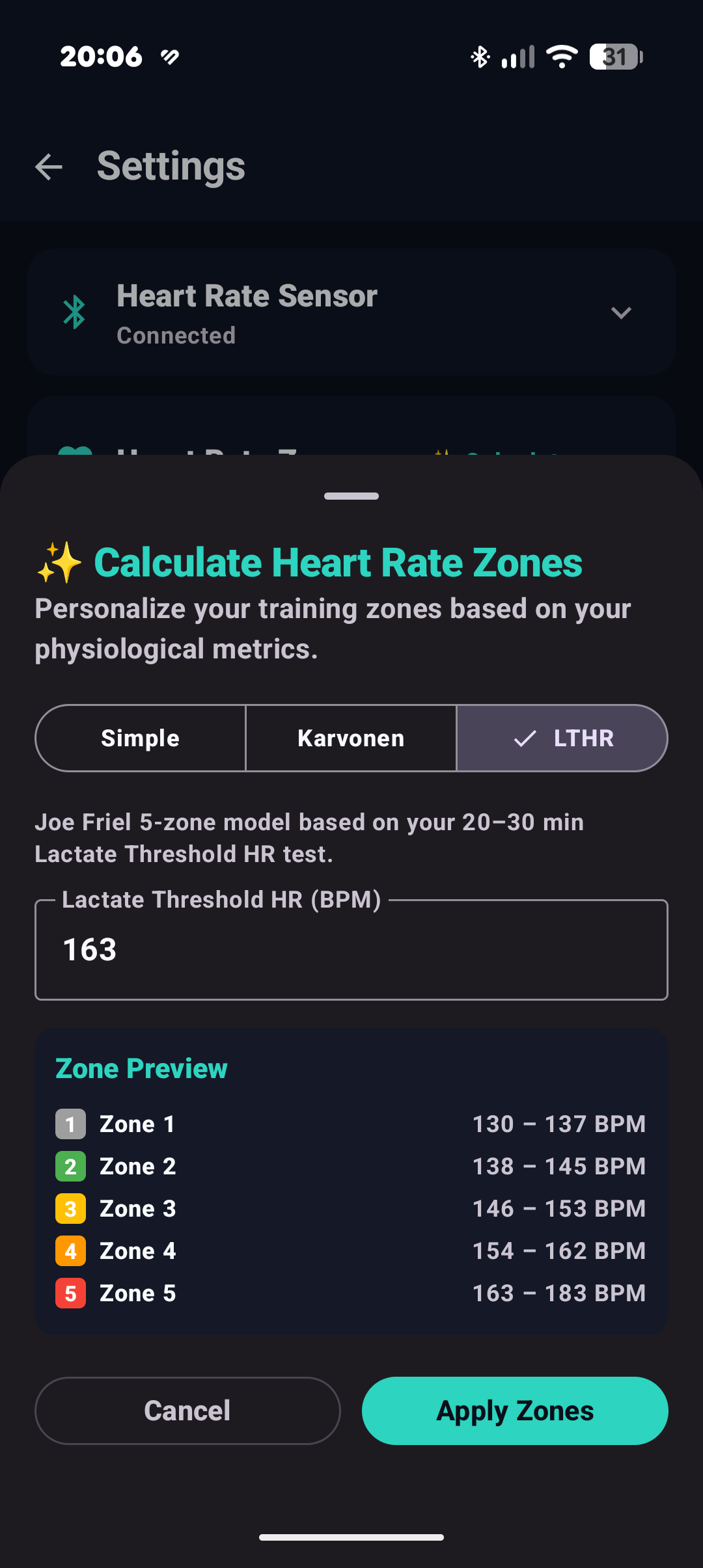 LTHR Lactate Threshold Setup Screen